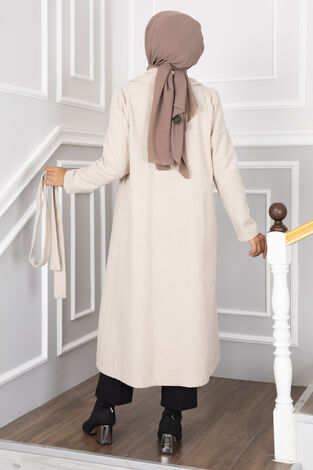 Belden Bağlamalı Tesettür Kaşe Kaban Krem - Thumbnail