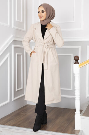 Belden Bağlamalı Tesettür Kaşe Kaban Krem - Thumbnail