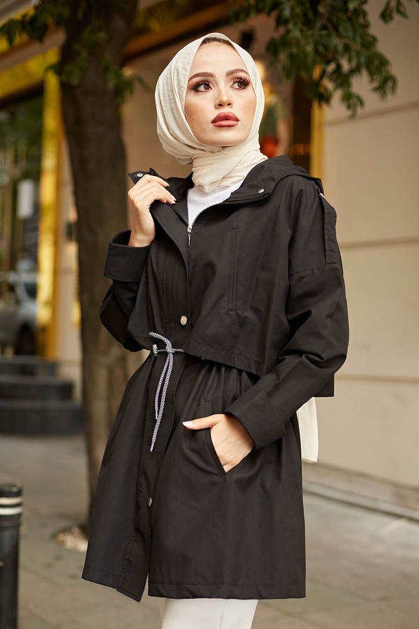  - Belden Büzgülü Kısa Trenç 61116-1 Siyah (1)