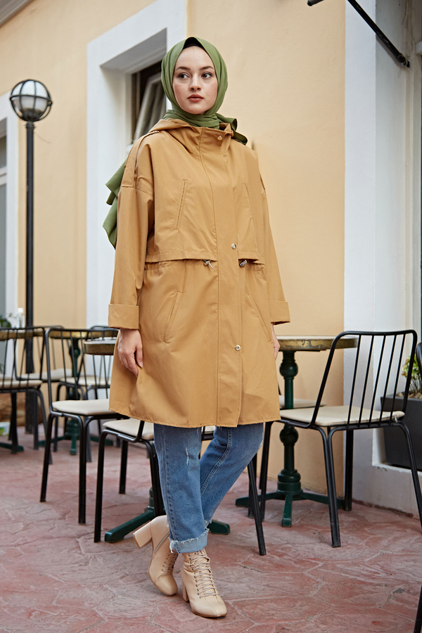  - Belden Büzgülü Kısa Trenç 61116-2 Camel