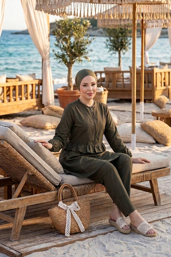 Belden Fırfırlı Önü Fermuar Detaylı Üçlü Mayo Takım Haki - 3