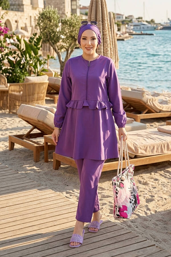 Belden Fırfırlı Önü Fermuar Detaylı Üçlü Mayo Takım Lila - 3