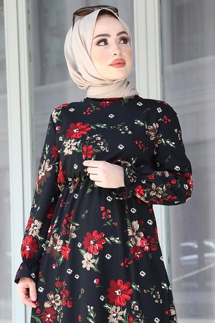 Beli Büzgülü Çiçek Desenli Elbise 17633-10 Siyah - Thumbnail