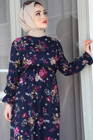 Beli Büzgülü Çiçek Desenli Elbise 17633-11 Lacivert - Thumbnail