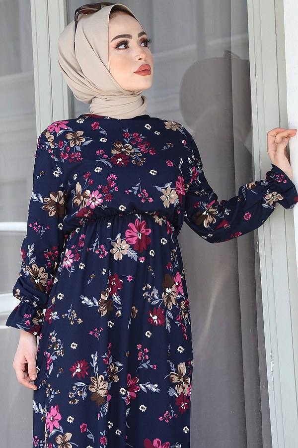  - Beli Büzgülü Çiçek Desenli Elbise 17633-11 Lacivert (1)