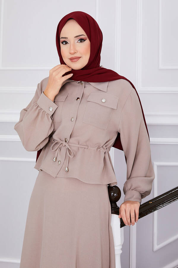 MD - Beli Büzgülü Çift Cepli Etekli Takım Camel (1)