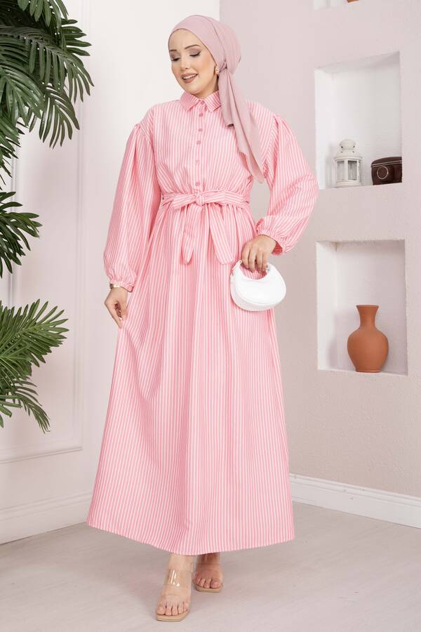 Beli Büzgülü Çizgili Tesettür Elbise Pembe - 3