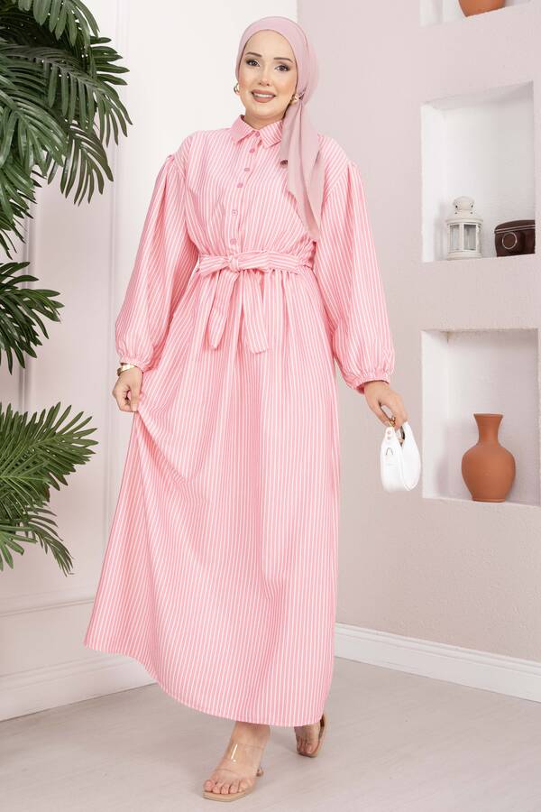 Beli Büzgülü Çizgili Tesettür Elbise Pembe - 4