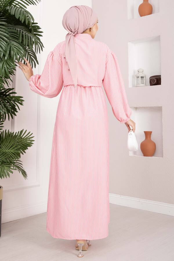 Beli Büzgülü Çizgili Tesettür Elbise Pembe - 5