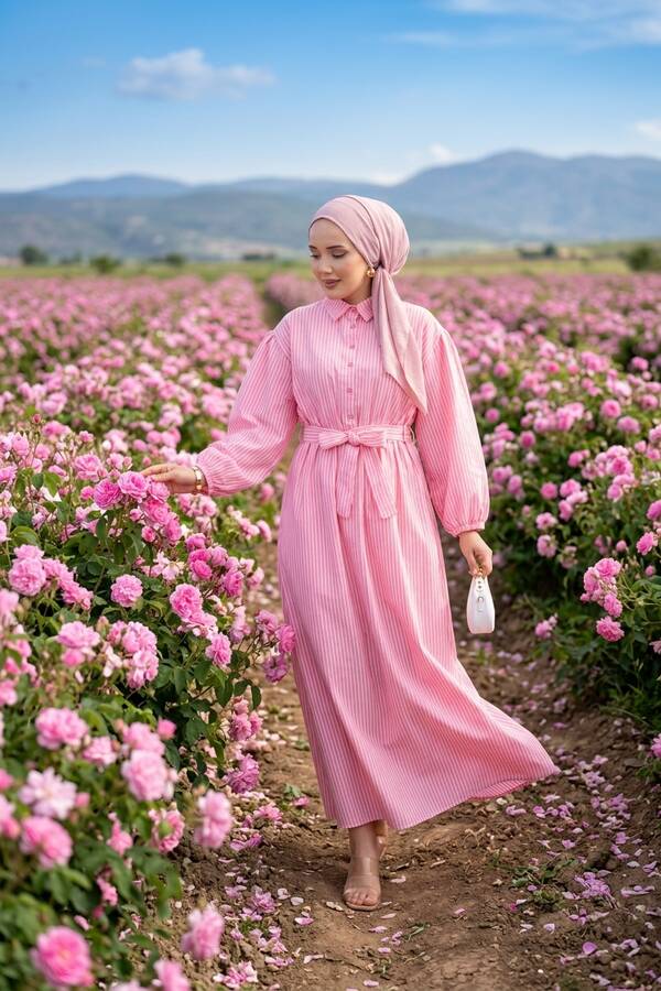 Tkm - Beli Büzgülü Çizgili Tesettür Elbise Pembe
