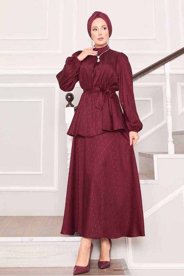 MD - Beli Büzgülü Desenli Jakarlı Tesettür Takım Bordo MD - Beli Büzgülü Desenli Jakarlı Tesettür Takım Bordo