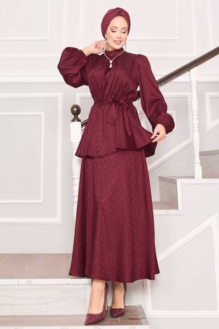 Beli Büzgülü Desenli Jakarlı Tesettür Takım Bordo - Thumbnail