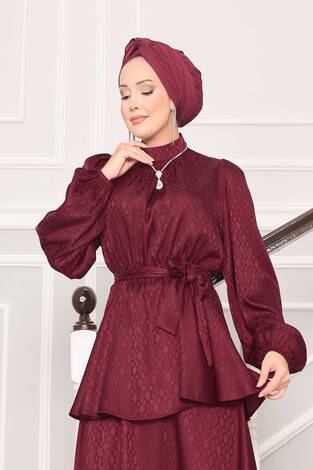 Beli Büzgülü Desenli Jakarlı Tesettür Takım Bordo - Thumbnail