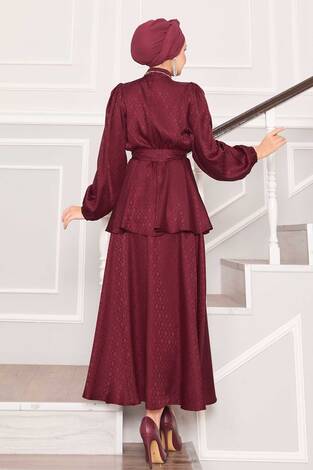 Beli Büzgülü Desenli Jakarlı Tesettür Takım Bordo - Thumbnail
