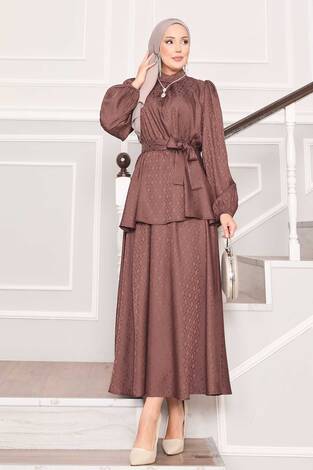Beli Büzgülü Desenli Jakarlı Tesettür Takım Kahve - Thumbnail