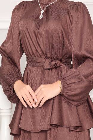 Beli Büzgülü Desenli Jakarlı Tesettür Takım Kahve - Thumbnail