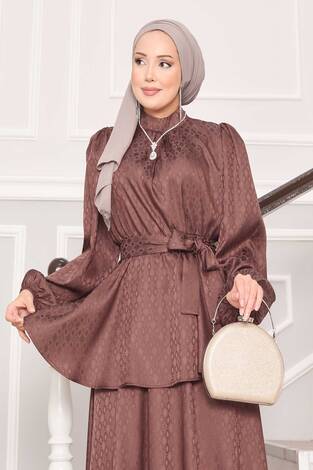 Beli Büzgülü Desenli Jakarlı Tesettür Takım Kahve - Thumbnail