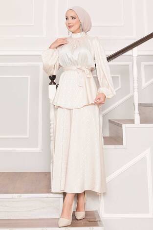 Beli Büzgülü Desenli Jakarlı Tesettür Takım Krem - Thumbnail
