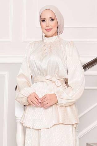 Beli Büzgülü Desenli Jakarlı Tesettür Takım Krem - Thumbnail