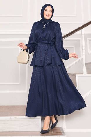 Beli Büzgülü Desenli Jakarlı Tesettür Takım Lacivert - Thumbnail