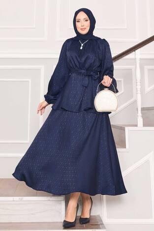 Beli Büzgülü Desenli Jakarlı Tesettür Takım Lacivert - Thumbnail