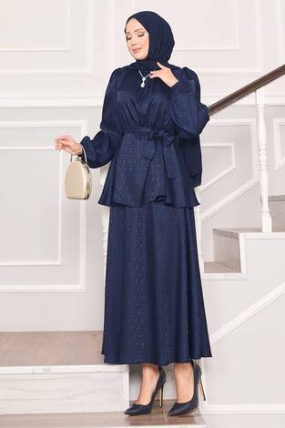 Beli Büzgülü Desenli Jakarlı Tesettür Takım Lacivert - Thumbnail