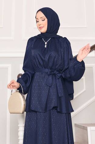 Beli Büzgülü Desenli Jakarlı Tesettür Takım Lacivert - Thumbnail