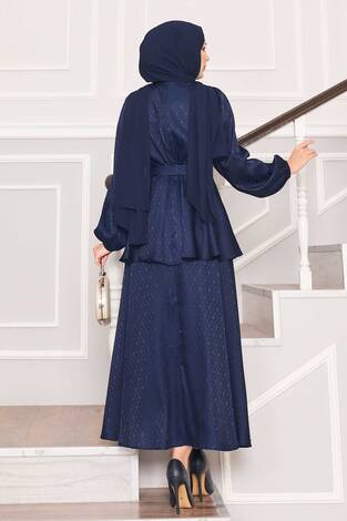 Beli Büzgülü Desenli Jakarlı Tesettür Takım Lacivert - Thumbnail