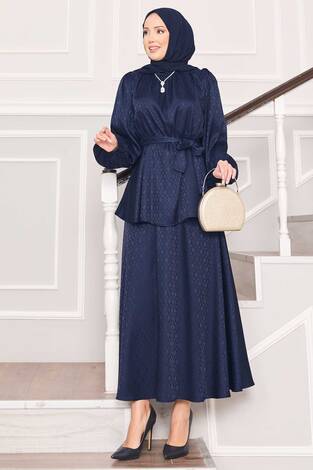 Beli Büzgülü Desenli Jakarlı Tesettür Takım Lacivert - Thumbnail
