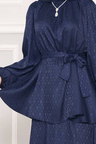 Beli Büzgülü Desenli Jakarlı Tesettür Takım Lacivert - Thumbnail