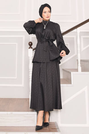 Beli Büzgülü Desenli Jakarlı Tesettür Takım Siyah - Thumbnail