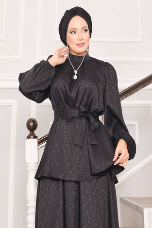 Beli Büzgülü Desenli Jakarlı Tesettür Takım Siyah - Thumbnail