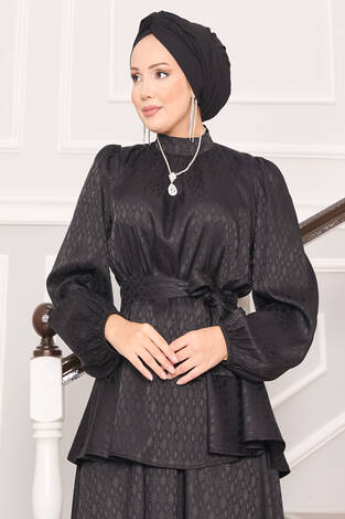 Beli Büzgülü Desenli Jakarlı Tesettür Takım Siyah - Thumbnail