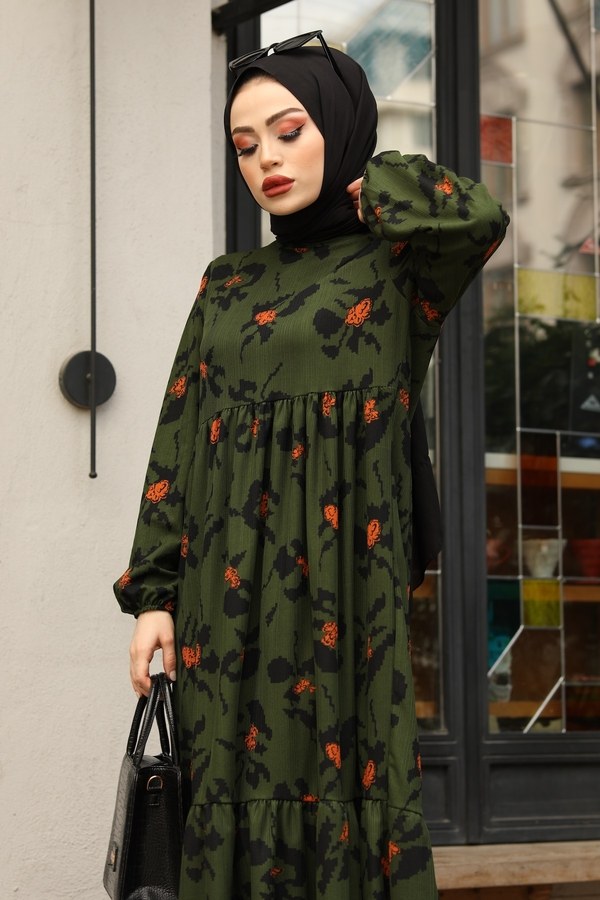  - Beli Büzgülü Eteği Fırfırlı Elbise 17632-11 Haki (1)