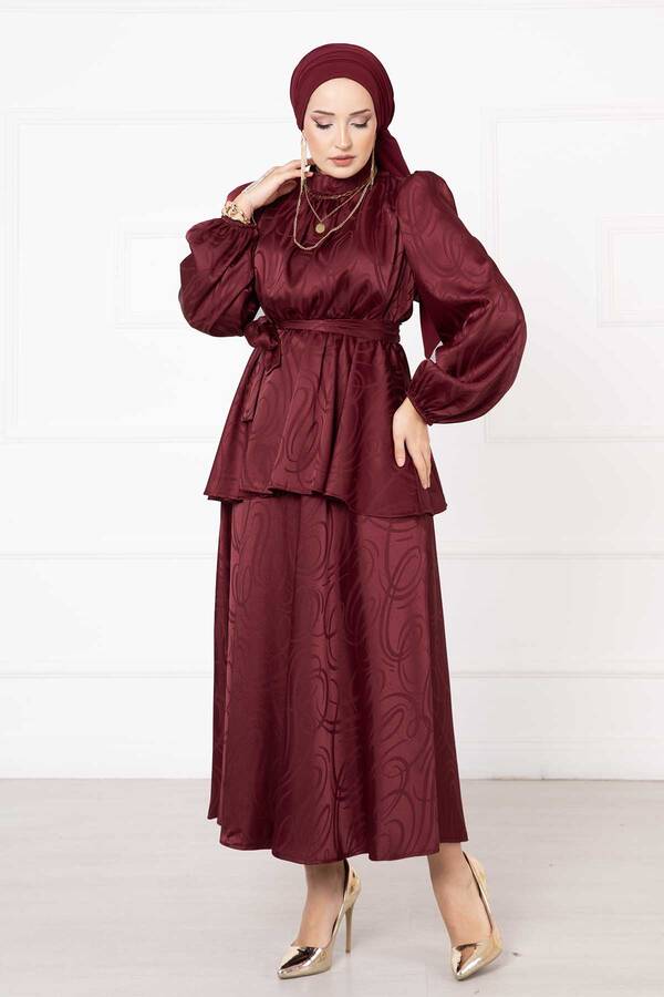 Beli Büzgülü Kuşaklı Etekli Jakar Bordo - 3