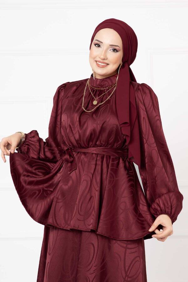 MD - Beli Büzgülü Kuşaklı Etekli Jakar Bordo (1) MD - Beli Büzgülü Kuşaklı Etekli Jakar Bordo (1)