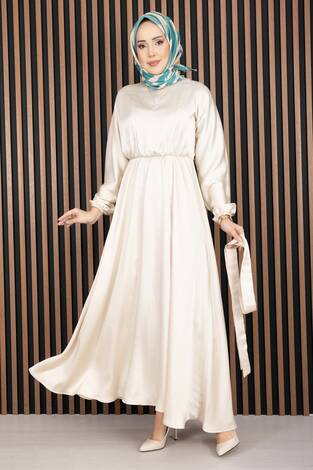 Beli Büzgülü Kuşaklı Tesettür Elbise Bej - Thumbnail