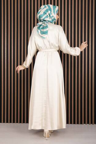 Beli Büzgülü Kuşaklı Tesettür Elbise Bej - Thumbnail