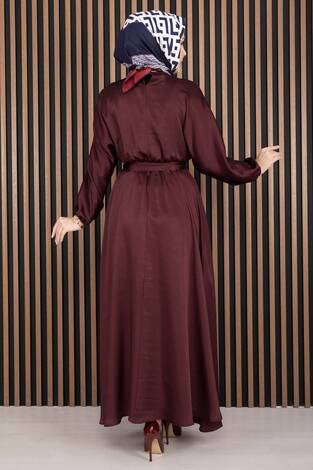 Beli Büzgülü Kuşaklı Tesettür Elbise Bordo - Thumbnail