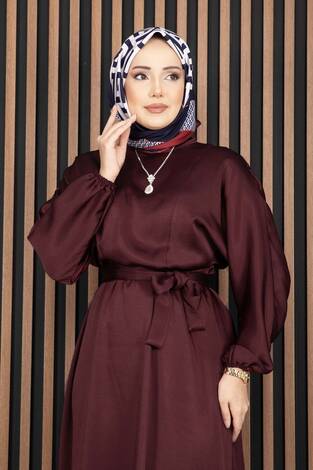 Beli Büzgülü Kuşaklı Tesettür Elbise Bordo - Thumbnail