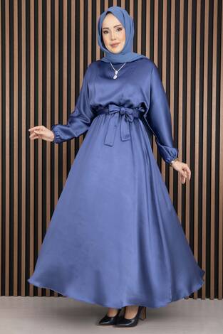 Beli Büzgülü Kuşaklı Tesettür Elbise İndigo