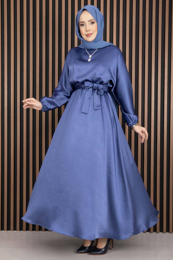 MD - Beli Büzgülü Kuşaklı Tesettür Elbise İndigo