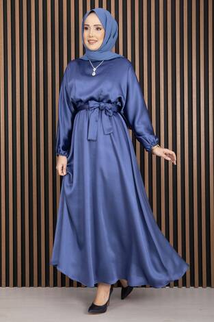 Beli Büzgülü Kuşaklı Tesettür Elbise İndigo - Thumbnail