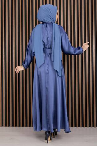Beli Büzgülü Kuşaklı Tesettür Elbise İndigo - Thumbnail