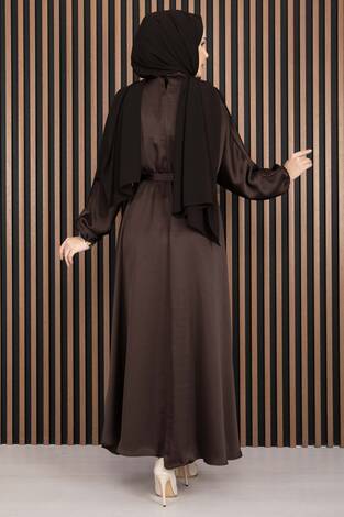 Beli Büzgülü Kuşaklı Tesettür Elbise Kahve - Thumbnail