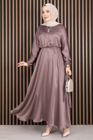 Beli Büzgülü Kuşaklı Tesettür Elbise Pudra - Thumbnail