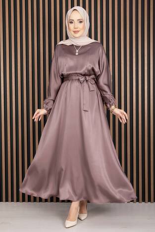 Beli Büzgülü Kuşaklı Tesettür Elbise Pudra - Thumbnail