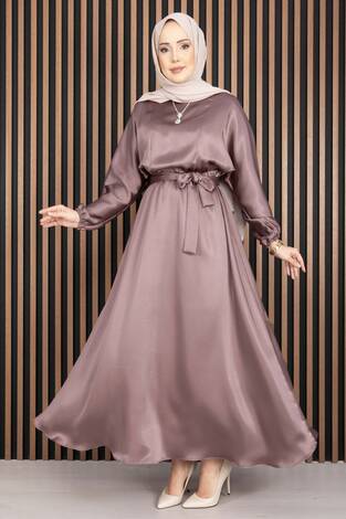Beli Büzgülü Kuşaklı Tesettür Elbise Pudra - Thumbnail