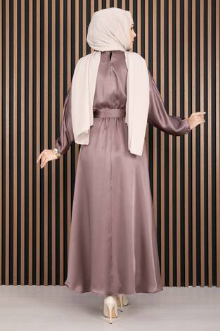 Beli Büzgülü Kuşaklı Tesettür Elbise Pudra - Thumbnail