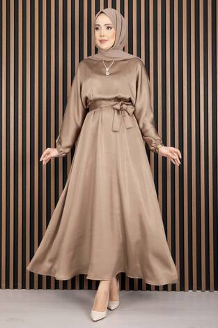 Beli Büzgülü Kuşaklı Tesettür Elbise Vizon - Thumbnail